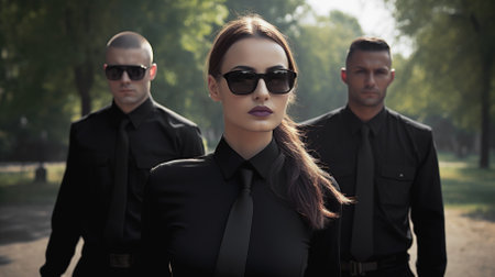 A young woman with two bodyguards are walking in the park. High quality photoの素材