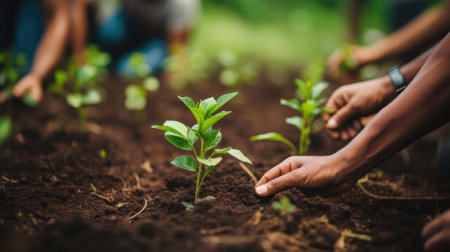 People planting seedlings close up. High quality photoの素材
