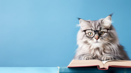 Cat with glasses reads a book on a blue background with space for text. High quality photoの素材