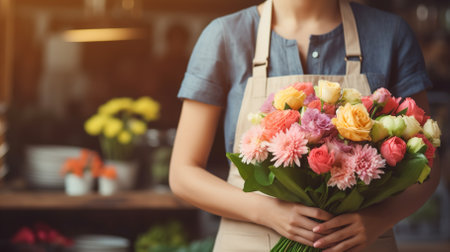 Woman florist holding in her hands a beautiful bouquet of various fresh flowers for sale. High quality photoの素材
