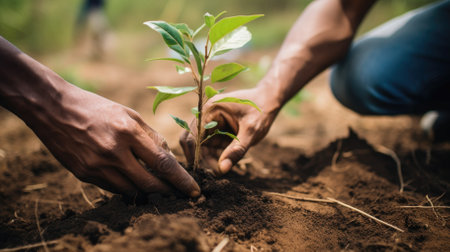 People planting seedlings close up. High quality photoの素材
