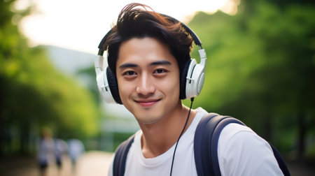Young Asian guy with headphones listening to music outdoors. High quality photoの素材