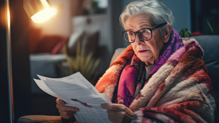 An elderly woman is wrapped in warm clothes and looking through bills. High quality photoの素材