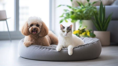 A cat and a dog are resting on a soft pet bed. Friendship between cat and dog. High quality photoの素材