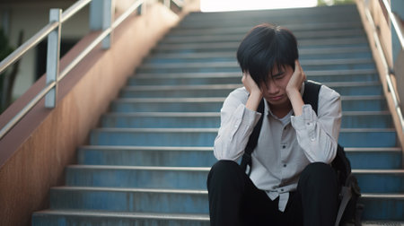 Crying asian schoolboy upset and depressed. School bullying. High quality photoの素材
