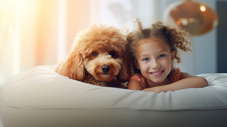 A cute girl and her dog are relaxing and playing on the bed. Friendship between a child and a dog. High quality photoの素材