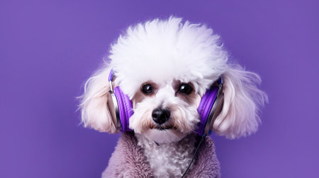 Poodle in headphones on a purple background. High quality photoの素材