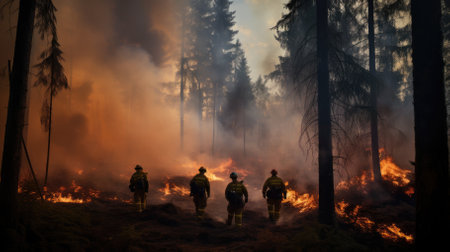 A group of firefighters extinguishes a strong fire in the forest. High quality photoの素材