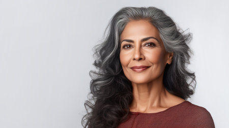 Beautiful mature well-groomed Indian woman on a gray background with copyspace. High quality photoの素材