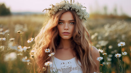 Young woman with a wreath of flowers in a meadow among wildflowers. High quality photoの素材