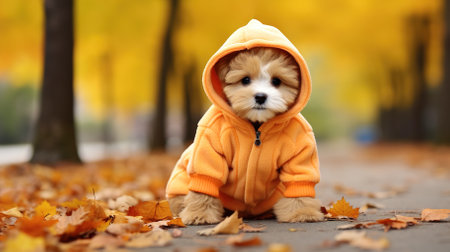 Cute puppy in warm dog clothes sits against the background of an autumn landscape. High quality photoの素材
