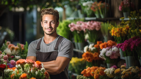 Young guy florist sells flowers in a flower shop. High quality photoの素材