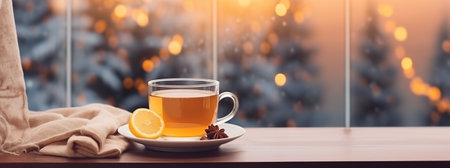 A cup of hot tea with lemon on the windowsill. Banner, place for text. High quality photoの素材