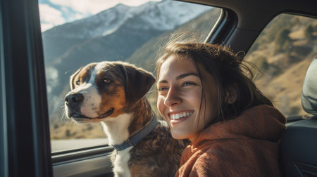 A happy young woman with a dog goes on a trip in a car. High quality photoの素材