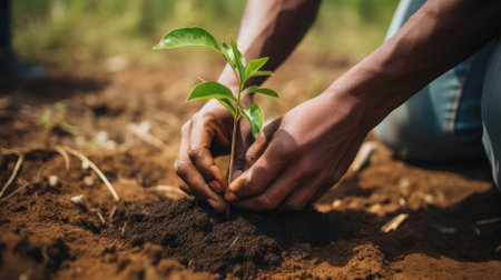 People planting seedlings close up. High quality photoの素材