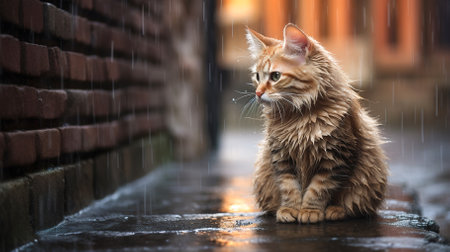 Sad homeless cat sitting on the street during the rain. High quality photoの素材