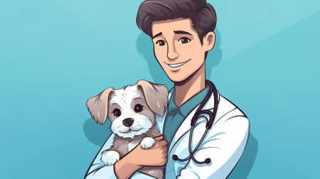Veterinary doctor holds a dog on a blue background. High quality photoの素材