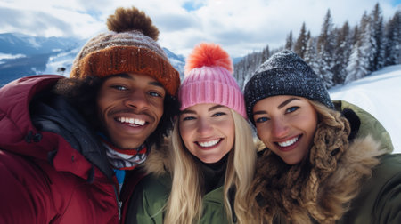 Group of happy people relaxing in the mountains at a resort. High quality photoの素材