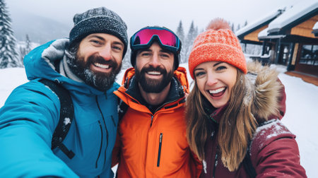 Group of happy people relaxing in the mountains at a resort. High quality photoの素材