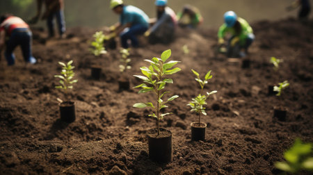 People planting seedlings close up. High quality photoの素材
