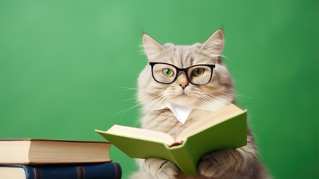 Cat with glasses reads a book on a green background with space for text. High quality photoの素材