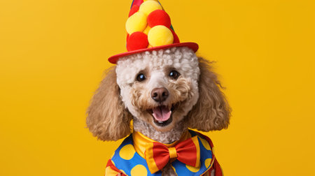 Cute poodle dog in a clown costume on a yellow background. High quality photoの素材