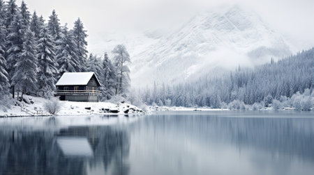 House by the lake in the forest against the background of mountains in the winter season. High quality photoの素材
