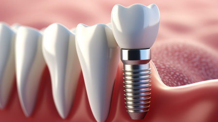 Close-up of a tooth with a metal implant in the mouth. High quality photoの素材