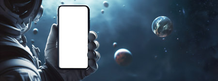 Astronaut holding mobile phone mockup. High quality photoの素材