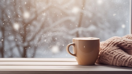 A cup of hot cocoa on the windowsill. Banner, place for text. High quality photoの素材