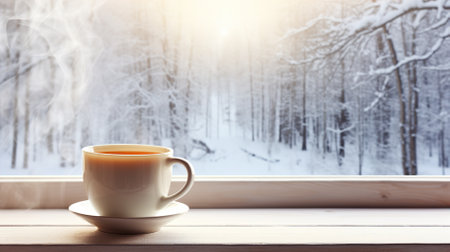 A cup of hot cocoa on the windowsill. Banner, place for text. High quality photoの素材