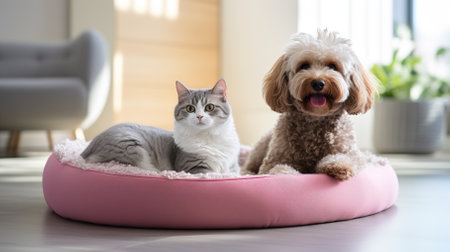 A cat and a dog are resting on a soft pet bed. Friendship between cat and dog. High quality photoの素材
