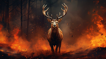 Deer running away from a fire in the forest. High quality photoの素材