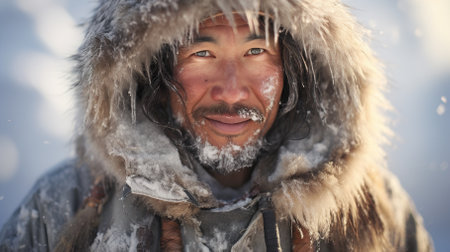 A man wearing a warm Eskimo fur jacket and hood close-up against the backdrop of a winter landscapeの素材