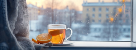 A cup of hot tea with lemon on the windowsill. Banner, place for textの素材