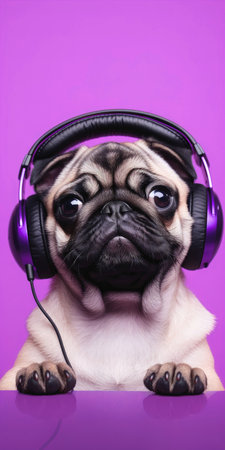 Cute puppy with headphones listening to music on purple backgroundの素材