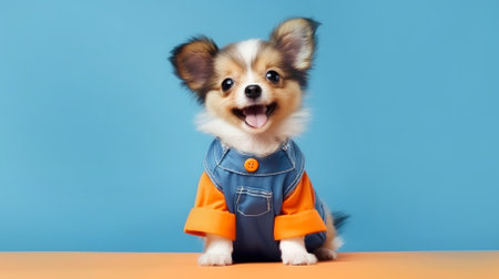 Charming dog in an orange jumpsuit on a light blue background.