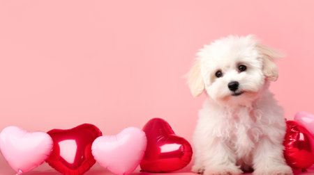 Cute puppy with balloons on a pink background. High quality photoの写真素材