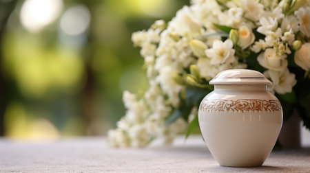 A white urn with flowers stands in a cemetery. High quality photoの写真素材