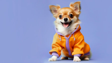 Charming dog in an orange jumpsuit on a light purple background. High quality photoの写真素材