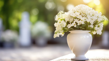 A white urn for ashes with flowers stands in a cemetery. High quality photoの写真素材