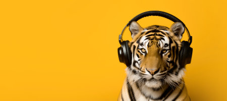 Fluffy tiger listening to music with headphones on an orange background. High quality photoの素材