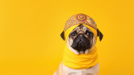 Cute dog in a scarf in a turban on a yellow backgroundの写真素材