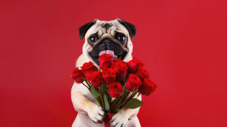 Dog with a bouquet of roses on a red backgroundの写真素材