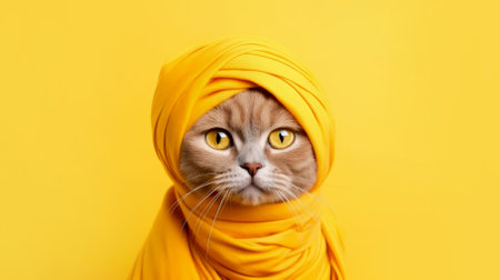 Cute cat in a scarf in a turban on a yellow backgroundの写真素材