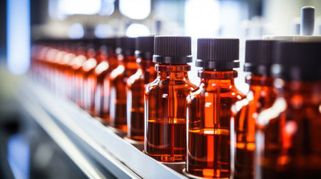 Medical bottles close-up. Production of medicines in ampoulesの写真素材
