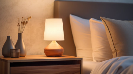 Close-up of a bright table lamp near the bedの写真素材