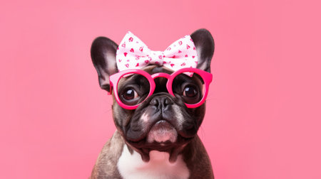 Cute dog with glasses and a bow on a pink backgroundの写真素材