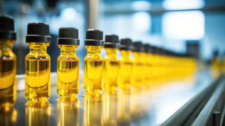 Medical bottles close-up. Production of medicines in ampoulesの写真素材
