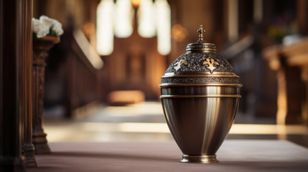 An urn with ashes stands in the church. High quality photo